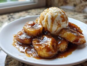 A close-up of warm Bananas Foster caramelized bananas served with a scoop of vanilla ice cream on a white plate.