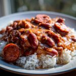 Close-up of a bowl of white rice topped with rich, saucy red beans and sliced smoked sausage, perfect beans and rice.