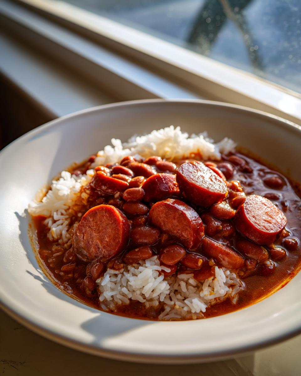 A close-up bowl of savory beans and rice topped with thick slices of smoked sausage.