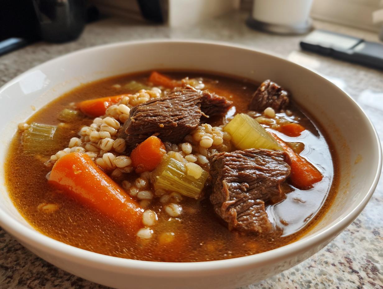 Close-up of a hearty bowl of beef barley soup featuring tender beef chunks, carrots, celery, and barley in a rich broth.