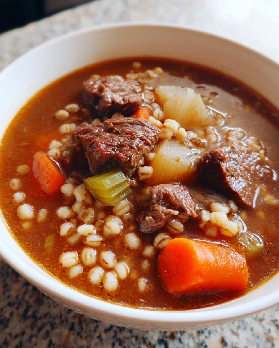 Close-up of a rich bowl of beef barley soup featuring tender beef chunks, plump barley, carrots, and celery.