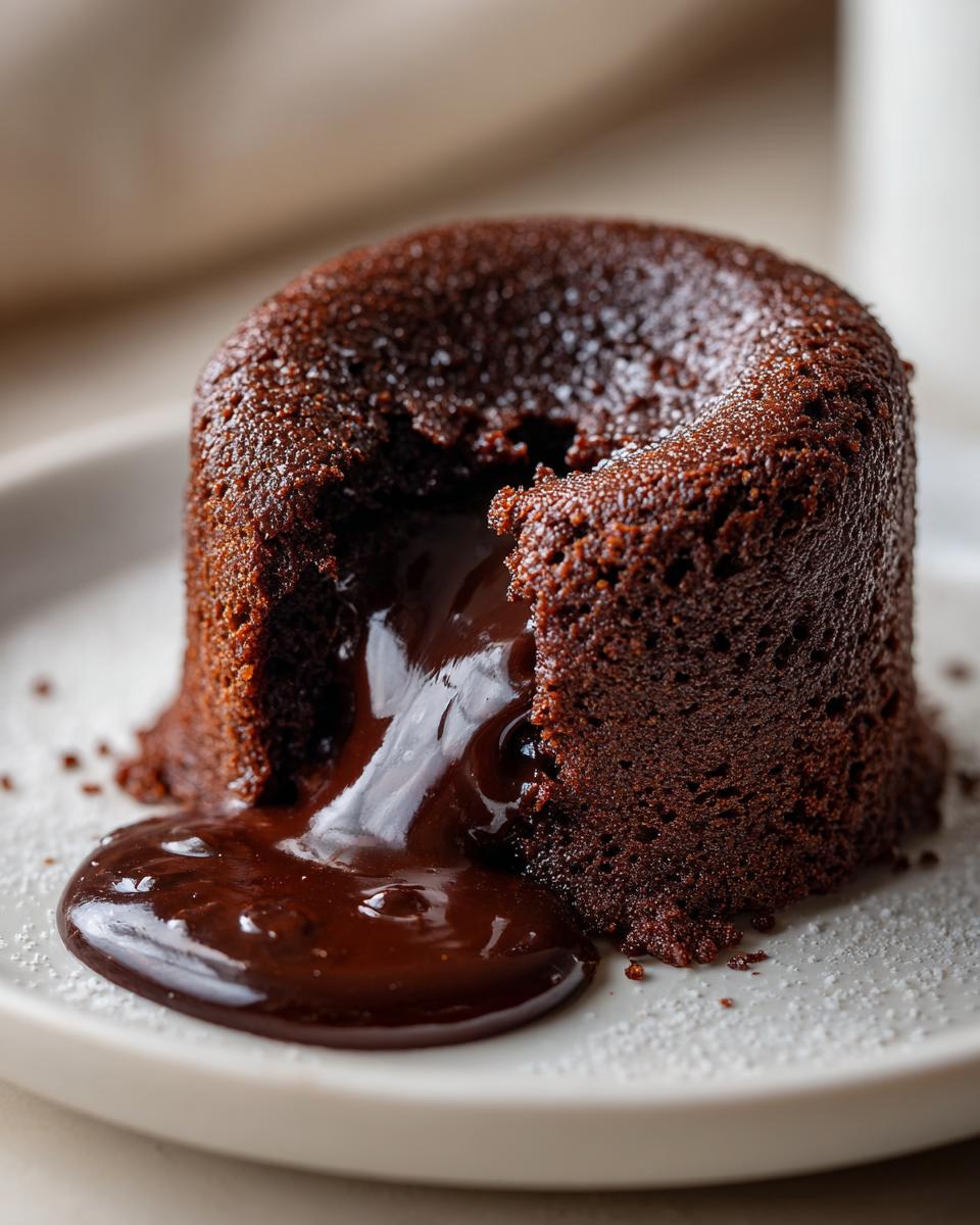 Close-up of a freshly baked chocolate lava cake with molten center spilling out onto a white plate.
