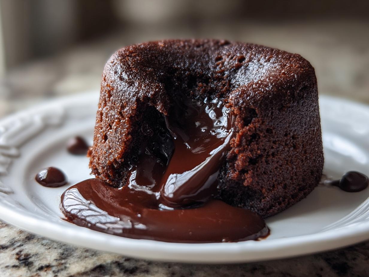 A freshly baked chocolate lava cake with its molten center oozing out onto a white plate.