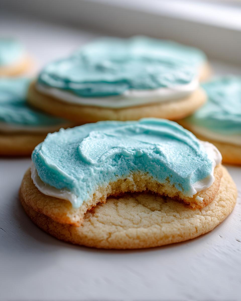 Close-up of a delicious sugar cookie with a bite taken out, topped with white and bright blue frosting.