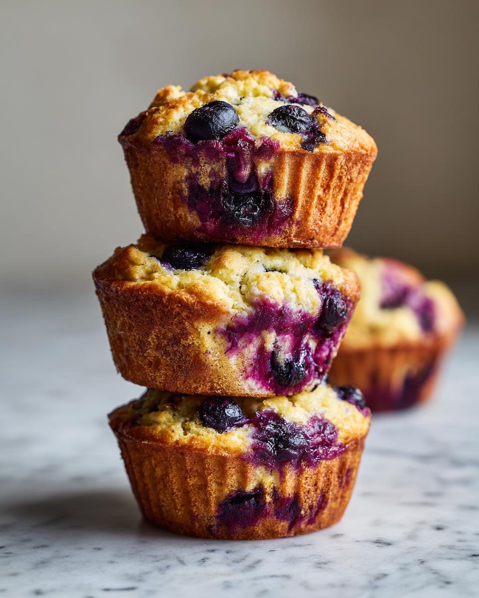 A stack of three golden-brown blueberry cottage cheese muffins featuring visible blueberries and a crumbly top.