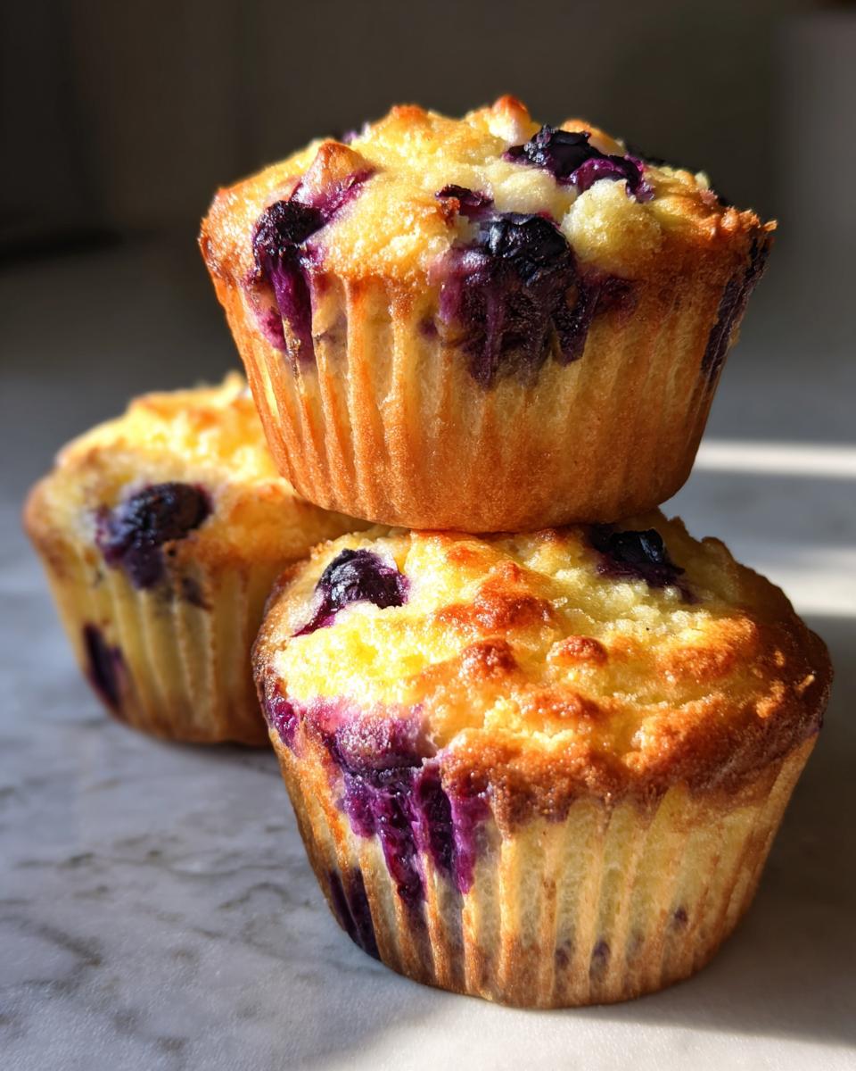 Three golden-baked blueberry cottage cheese muffins stacked on a marble surface with dramatic lighting.