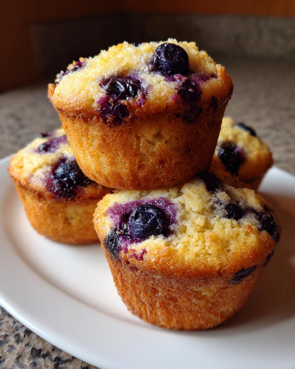 Close-up of three golden-brown blueberry cottage cheese muffins stacked on a white plate.