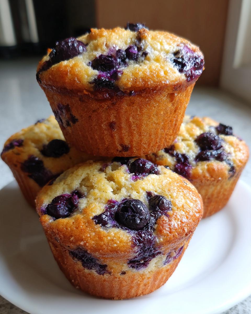 A stack of four golden-brown blueberry cottage cheese muffins piled on a white plate.
