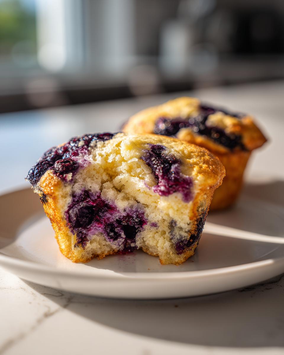 A close-up of a blueberry cream cheese muffin, broken open to show the moist interior and rich purple fruit.