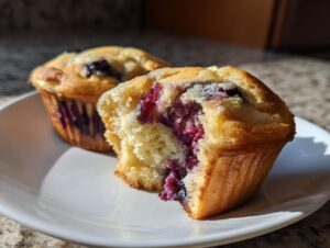 A close-up of a blueberry cream cheese muffin, broken open to show the moist interior and rich filling.