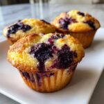 Three golden-baked blueberry cream cheese muffins topped with coarse sugar on a white plate.