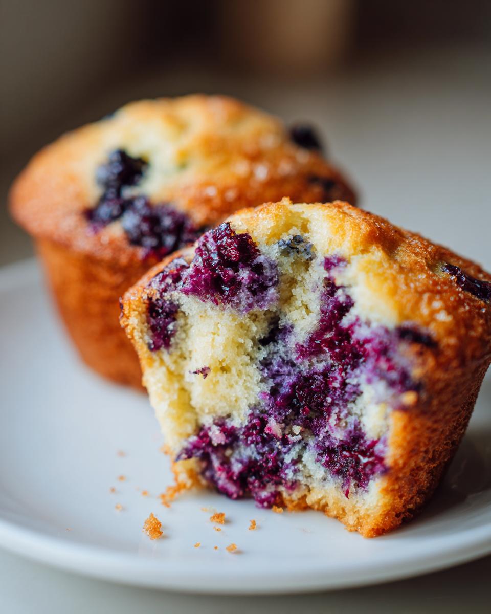 A blueberry cream cheese muffin cut in half showing the moist, berry-filled interior crumb.