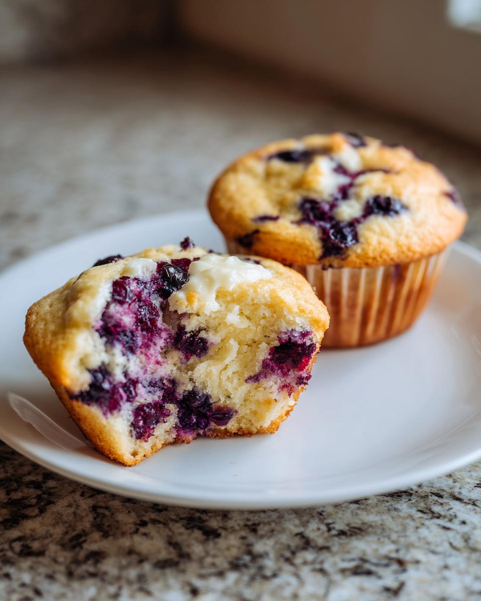 Close-up of two blueberry cream cheese muffins on a white plate, one is broken open showing the moist interior and cream cheese filling.