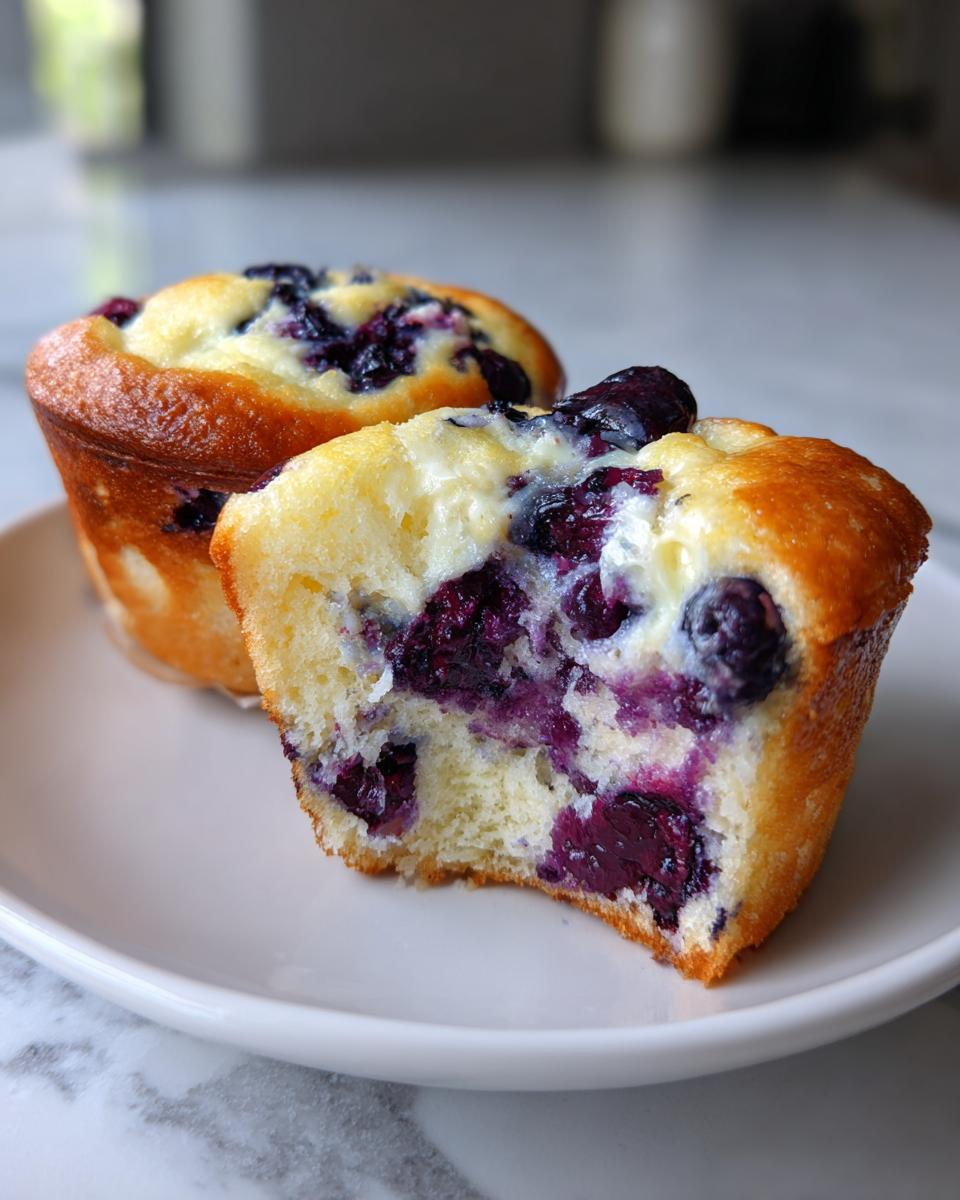 Close-up of a blueberry cream cheese muffin cut open showing the moist interior and cream cheese swirl.