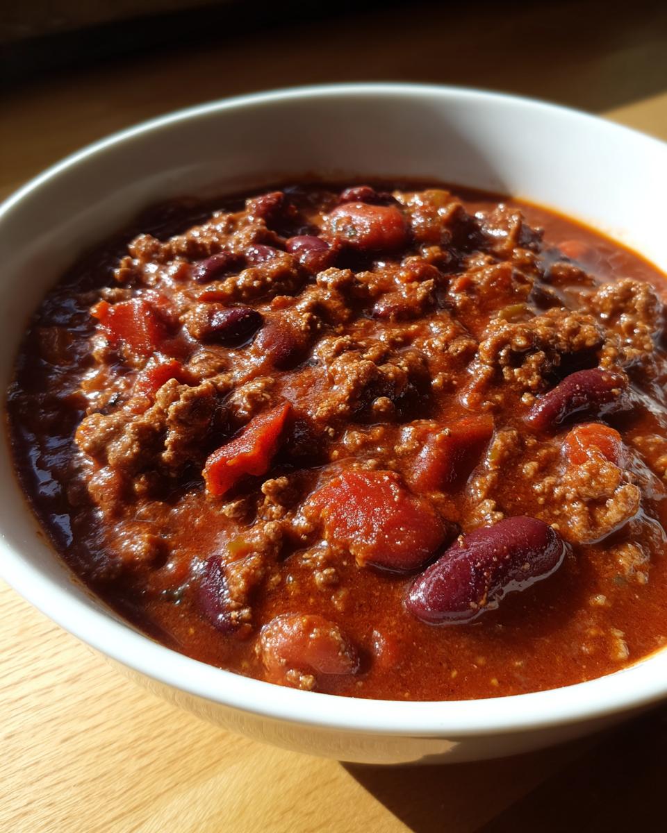 Close-up of a hearty bowl of rich, red high protein chili featuring ground meat and kidney beans.