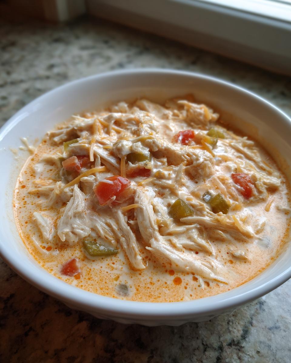 A close-up of a white bowl filled with creamy, shredded cream cheese chicken chili, topped with diced tomatoes and green chilies.