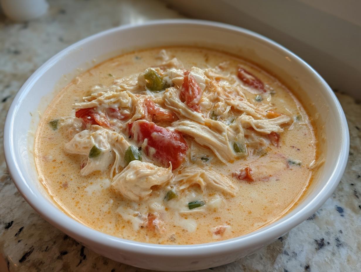 Close-up of a white bowl filled with creamy, orange-hued cream cheese chicken chili, featuring shredded chicken, tomatoes, and green peppers.