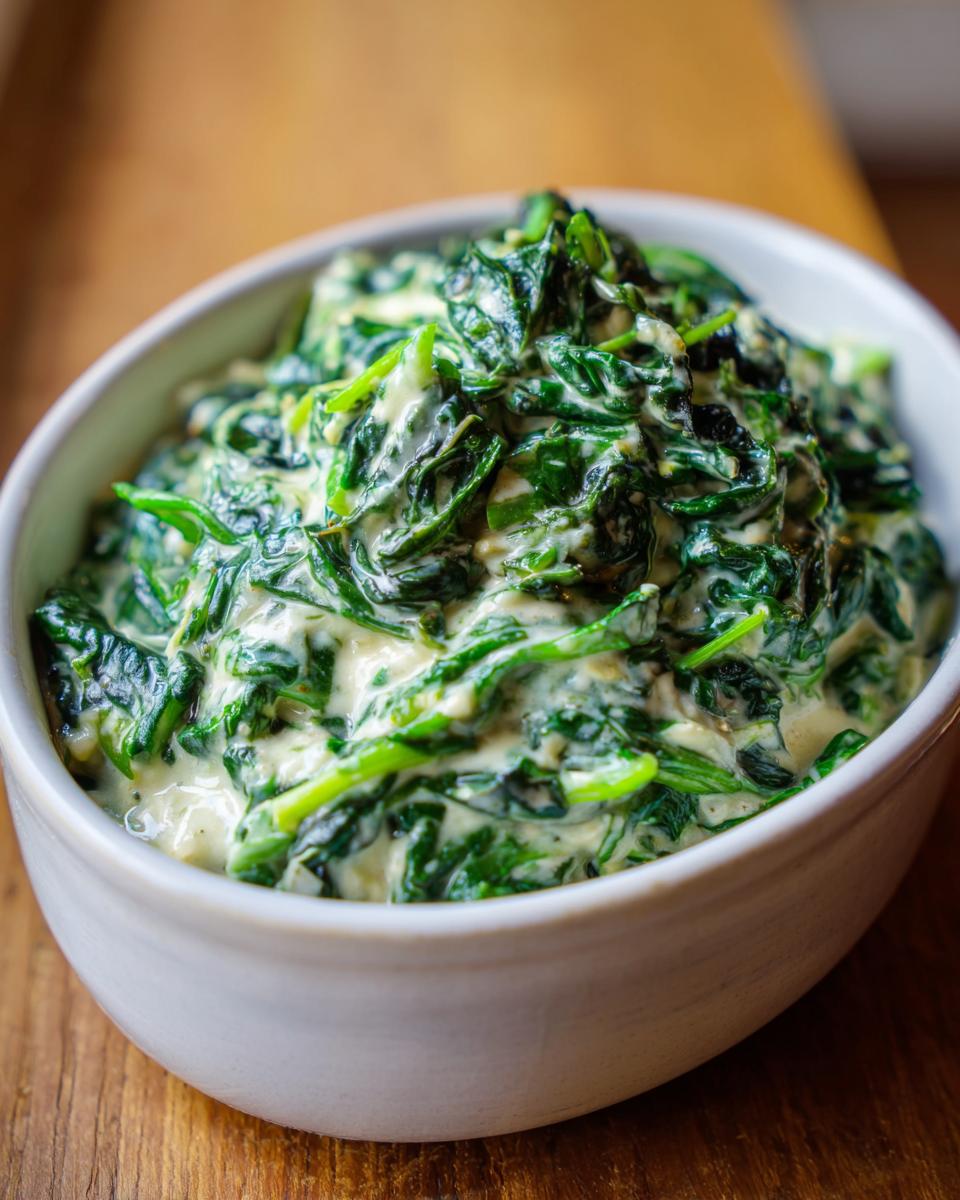 Close-up of vibrant green spinach coated in a creamy sauce, ready to serve as a creamed spinach recipe side dish.