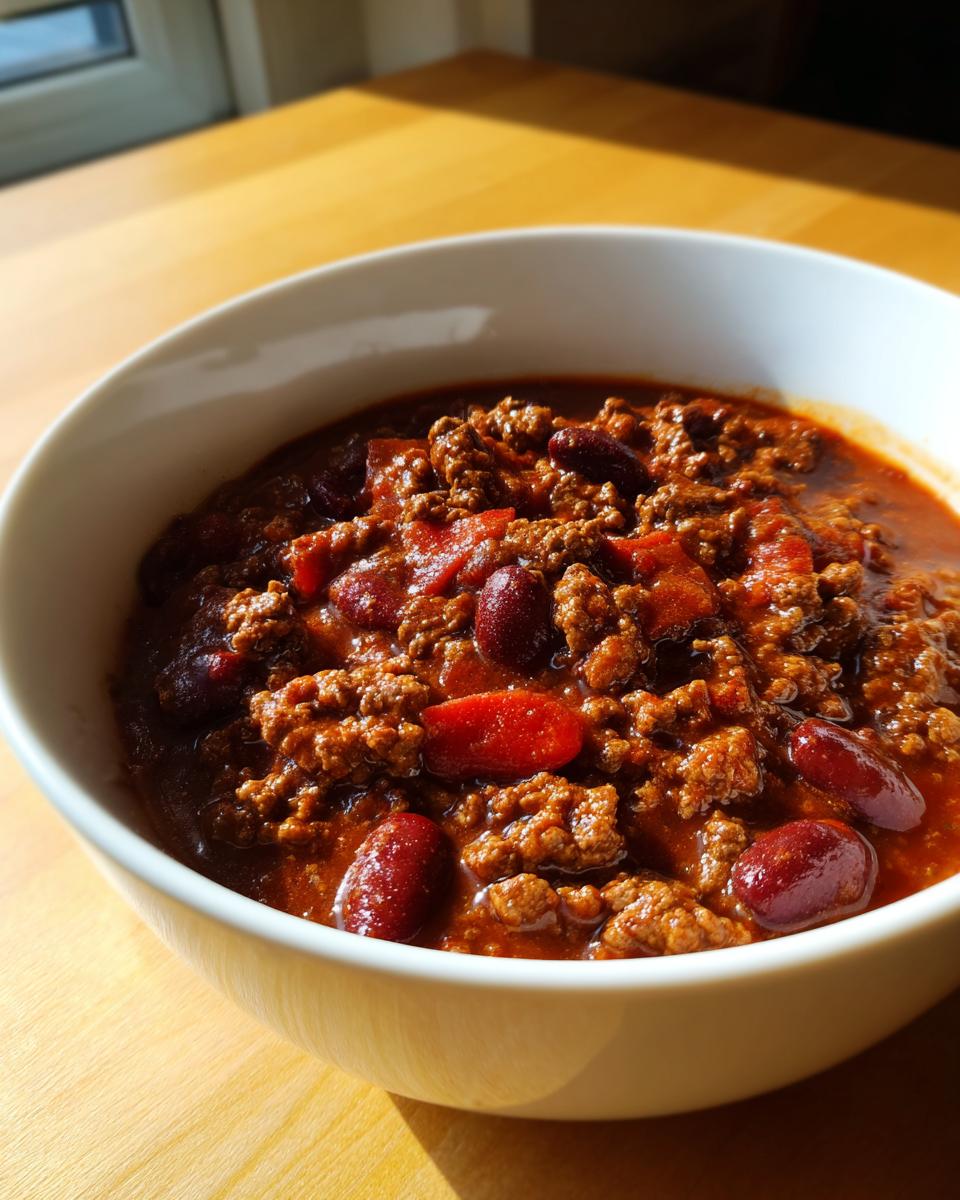 Close-up of a hearty bowl of high protein chili, featuring ground meat and dark red kidney beans in a rich sauce.