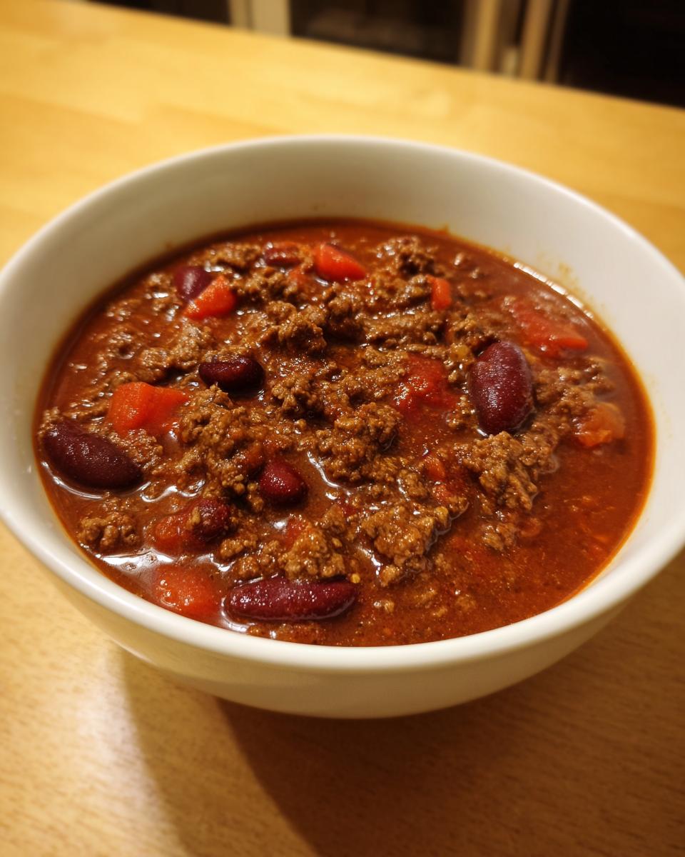 A close-up view of a steaming bowl of rich, dark red high protein chili, featuring ground meat and kidney beans.