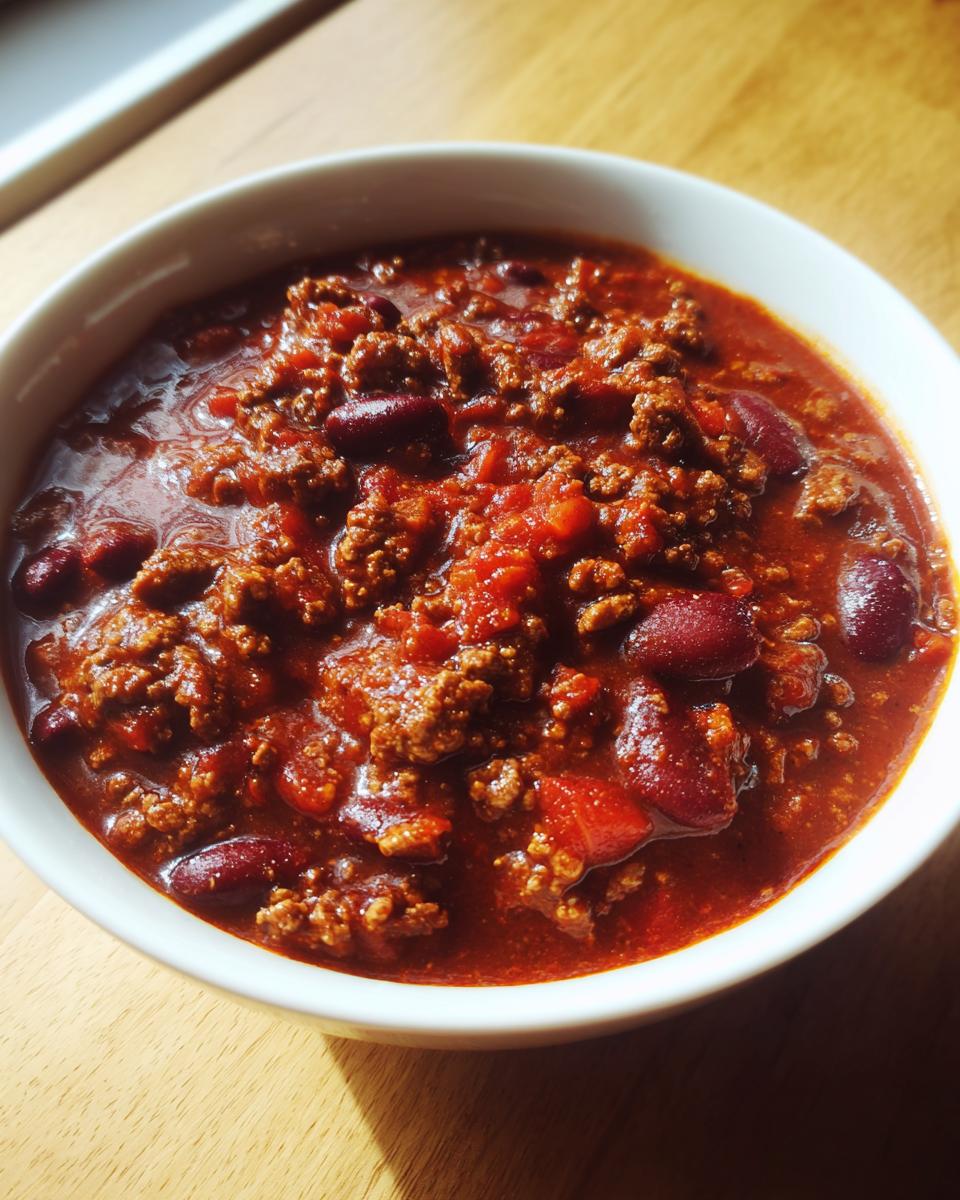 Close-up of a rich, red bowl of high protein chili loaded with ground meat and kidney beans.