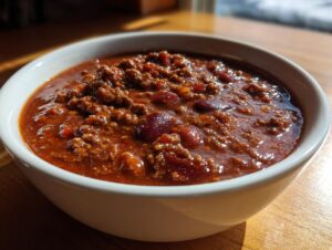 Close-up of a hearty bowl of rich, dark red high protein chili featuring ground meat and kidney beans.