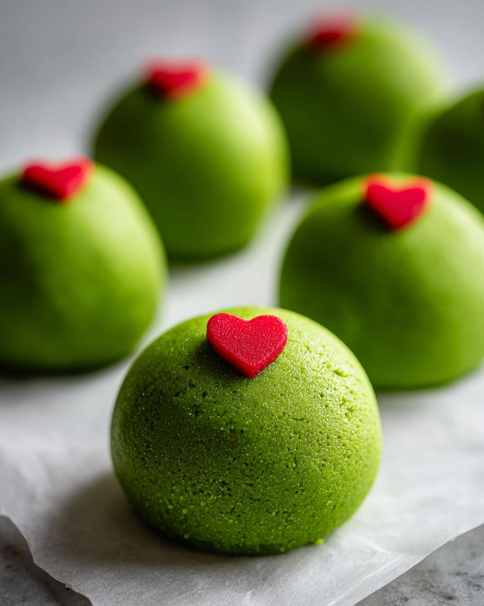 A close-up of bright green Grinch Oreo Balls, each topped with a small red heart candy.