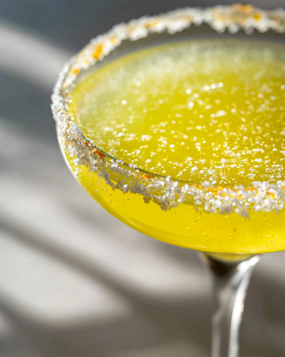 Close-up of a bright yellow lemon drop martini in a coupe glass with a thick, sparkling sugar and citrus zest rim.