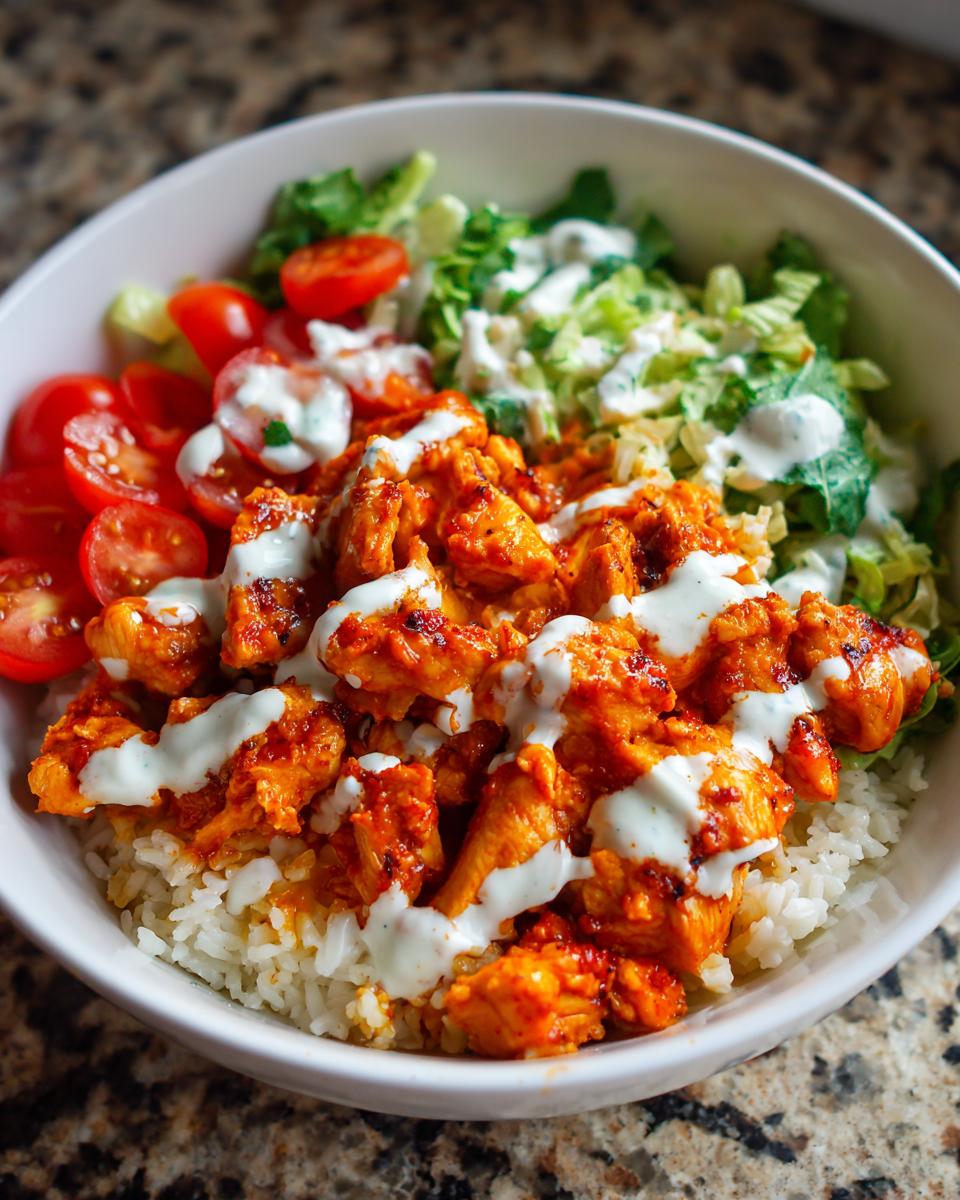 Close-up of a white bowl filled with a buffalo chicken bowl featuring rice, saucy chicken, lettuce, tomatoes, and ranch dressing.