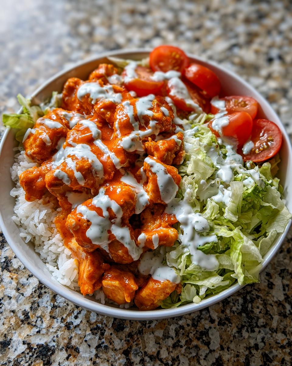 A close-up of a buffalo chicken bowl featuring orange buffalo chicken pieces over rice, topped with ranch dressing, lettuce, and cherry tomatoes.