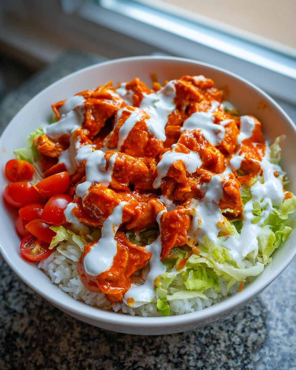 A close-up of a white bowl filled with a buffalo chicken bowl, featuring rice, lettuce, orange buffalo chicken, and drizzled with white ranch dressing.