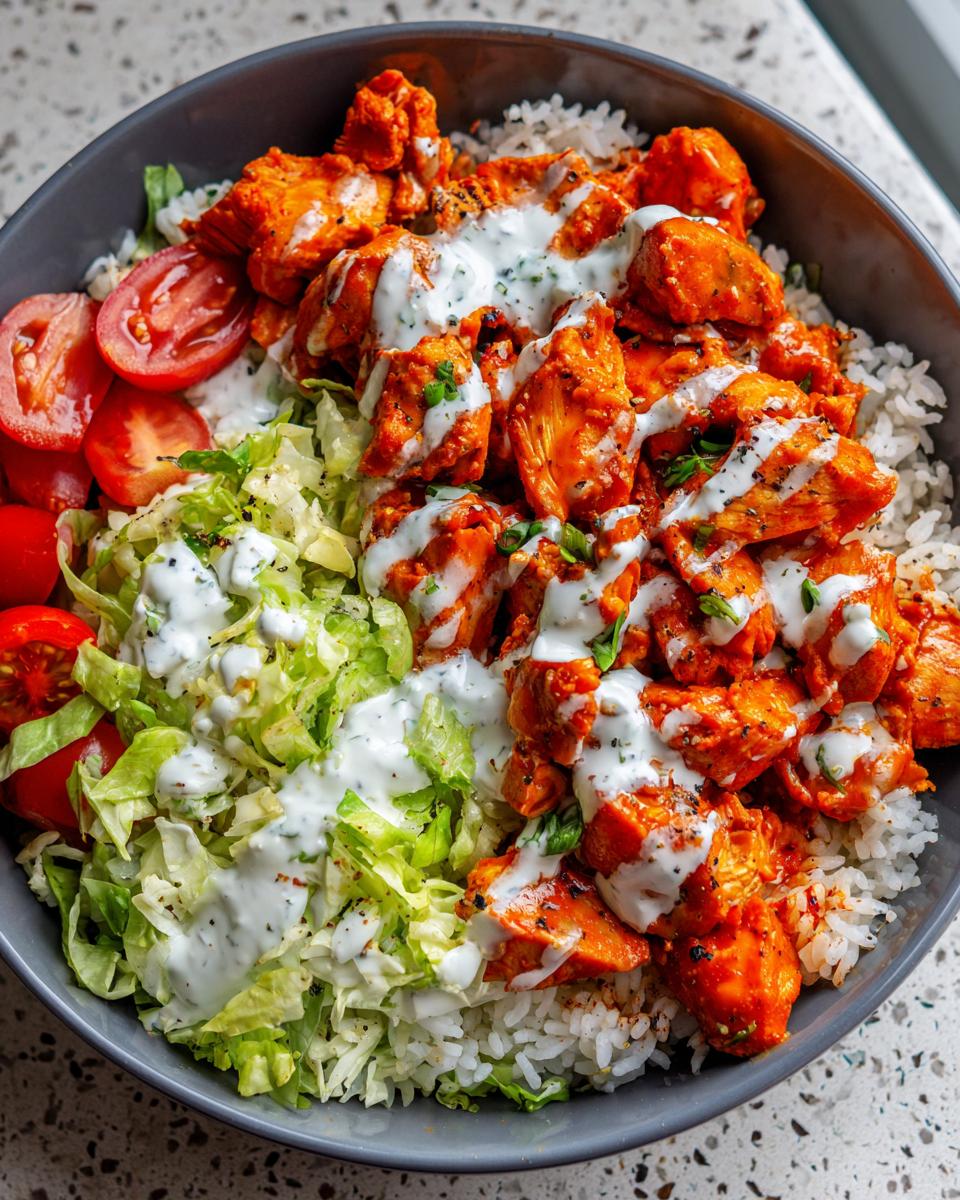 Overhead view of a vibrant buffalo chicken bowl featuring orange buffalo chicken pieces over rice, topped with ranch dressing, lettuce, and tomatoes.