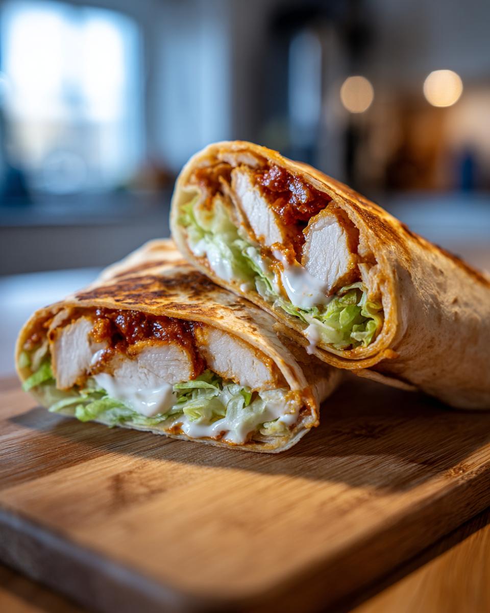 Close-up of a buffalo chicken wrap cut in half, showing sliced chicken, lettuce, and white sauce inside a grilled tortilla.