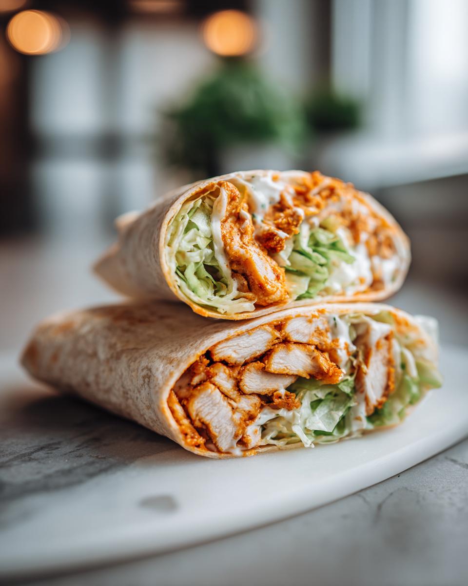 Two halves of a buffalo chicken wrap stacked, showing sliced chicken, lettuce, and white sauce inside a tortilla.