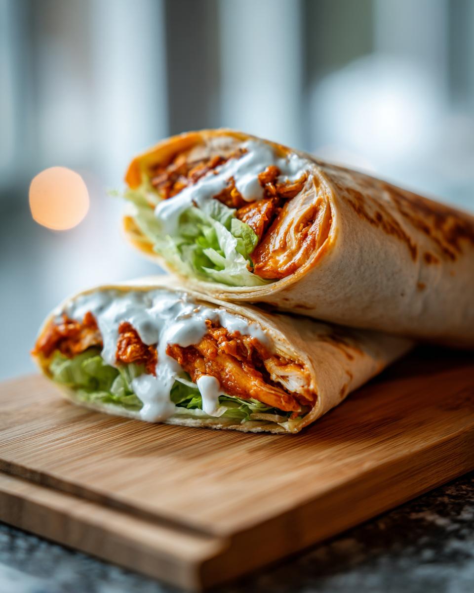 Two halves of a delicious buffalo chicken wrap stacked on a wooden board, showing spicy chicken, lettuce, and white ranch dressing.