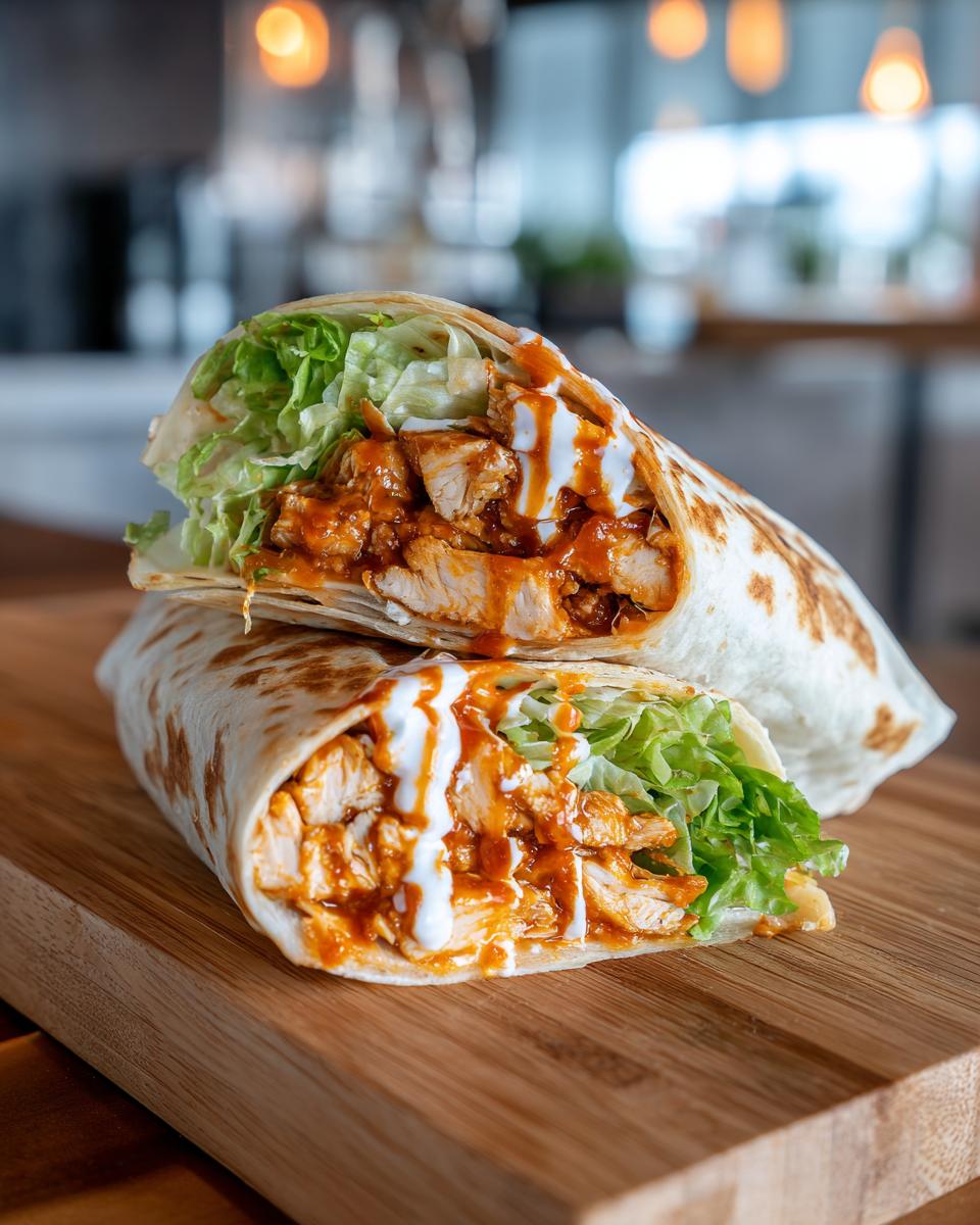Two halves of a buffalo chicken wrap stacked, showing chunks of saucy chicken, lettuce, and a drizzle of white sauce.