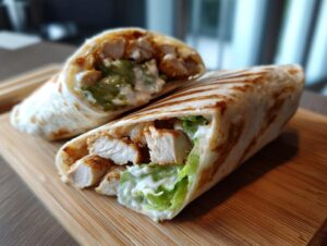 Close-up of a grilled buffalo chicken wrap cut in half, showing chunks of chicken, lettuce, and creamy sauce.