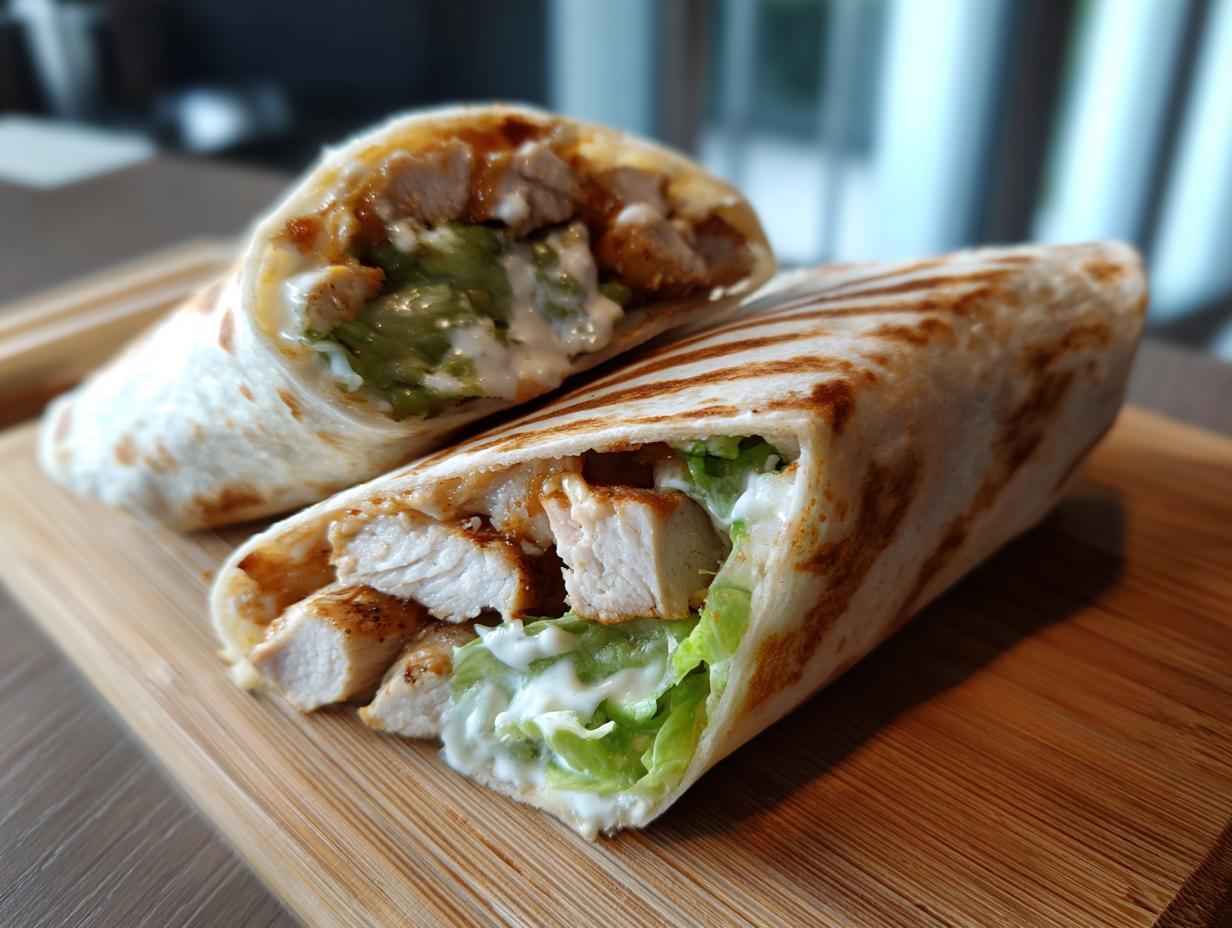 Close-up of a grilled buffalo chicken wrap cut in half, showing chunks of chicken, lettuce, and creamy sauce.