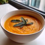 Close-up of a bowl of vibrant orange butternut squash soup topped with fresh sage leaves and cracked black pepper.