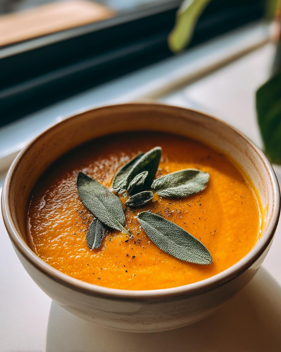 Close-up of a bowl of vibrant orange butternut squash soup topped with fresh sage leaves and cracked black pepper.