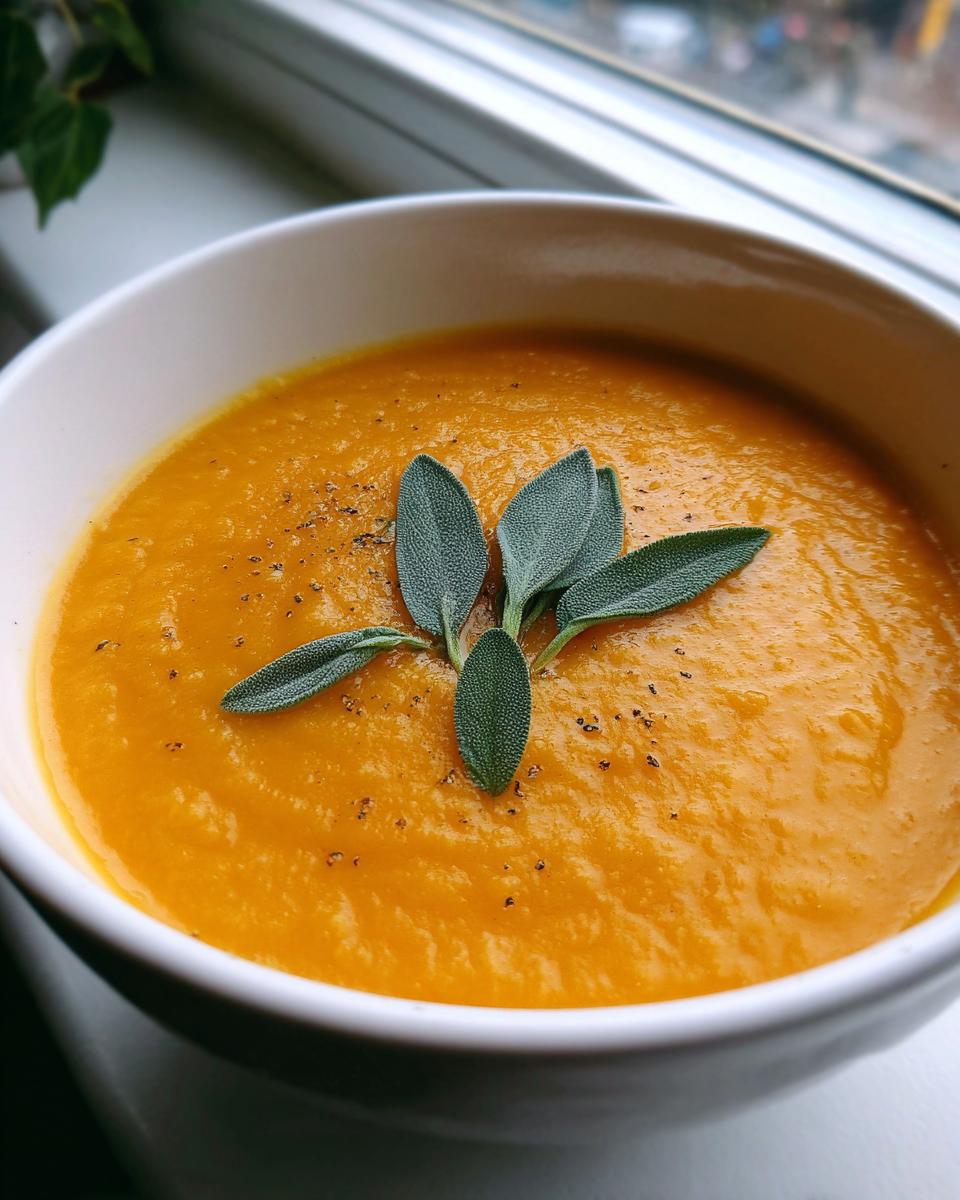 Close-up of a bowl of vibrant orange butternut squash soup topped with fresh sage leaves and cracked black pepper.