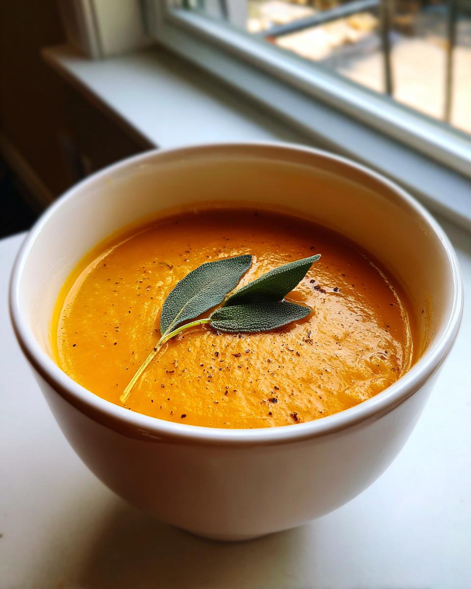 A close-up of a white bowl filled with vibrant orange butternut squash soup, garnished with fresh sage leaves and cracked pepper.