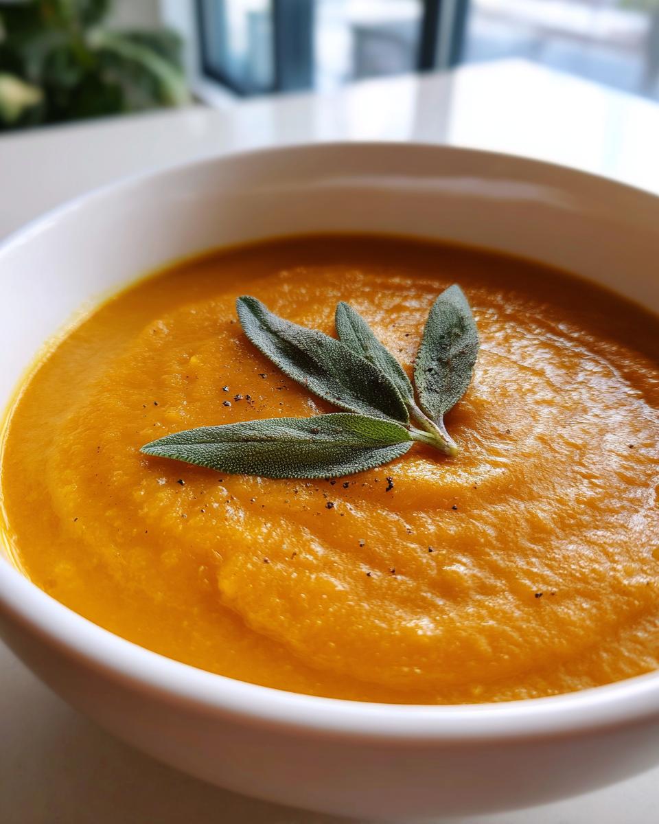 Close-up of a bowl of vibrant orange butternut squash soup topped with fresh sage leaves and cracked black pepper.