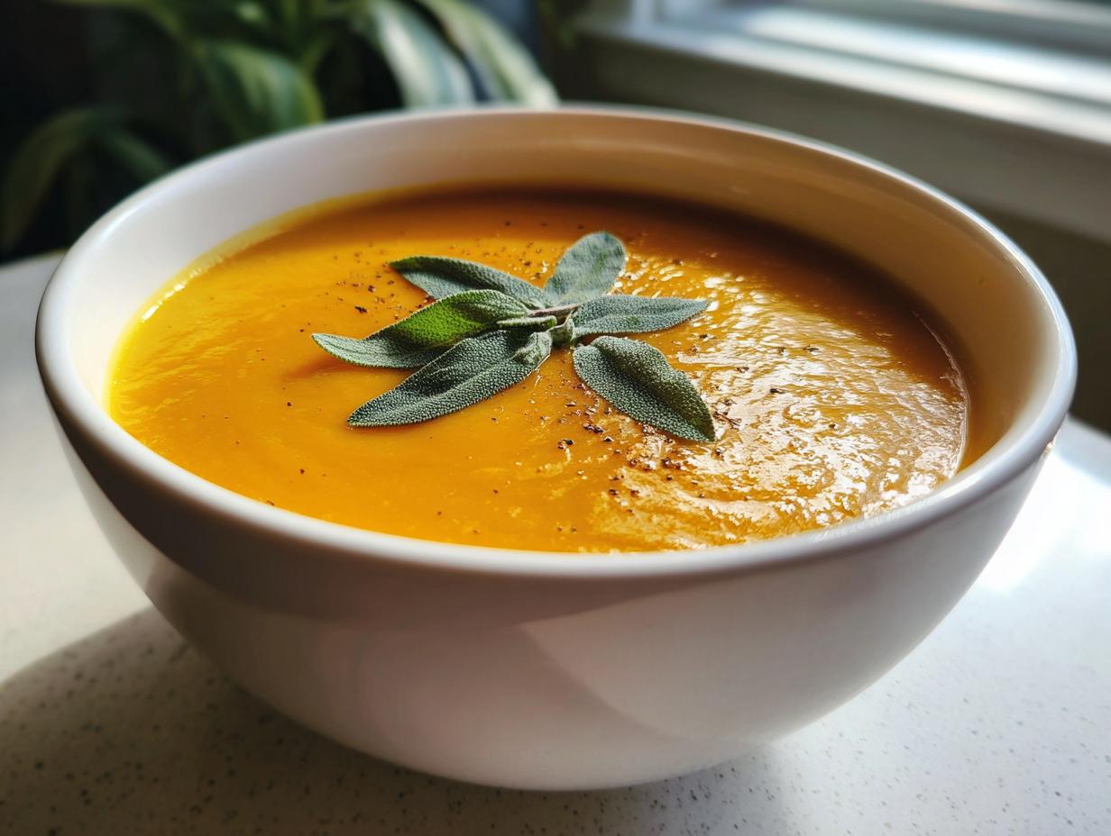 A close-up of a white bowl filled with vibrant orange butternut squash soup, topped with fresh sage leaves.