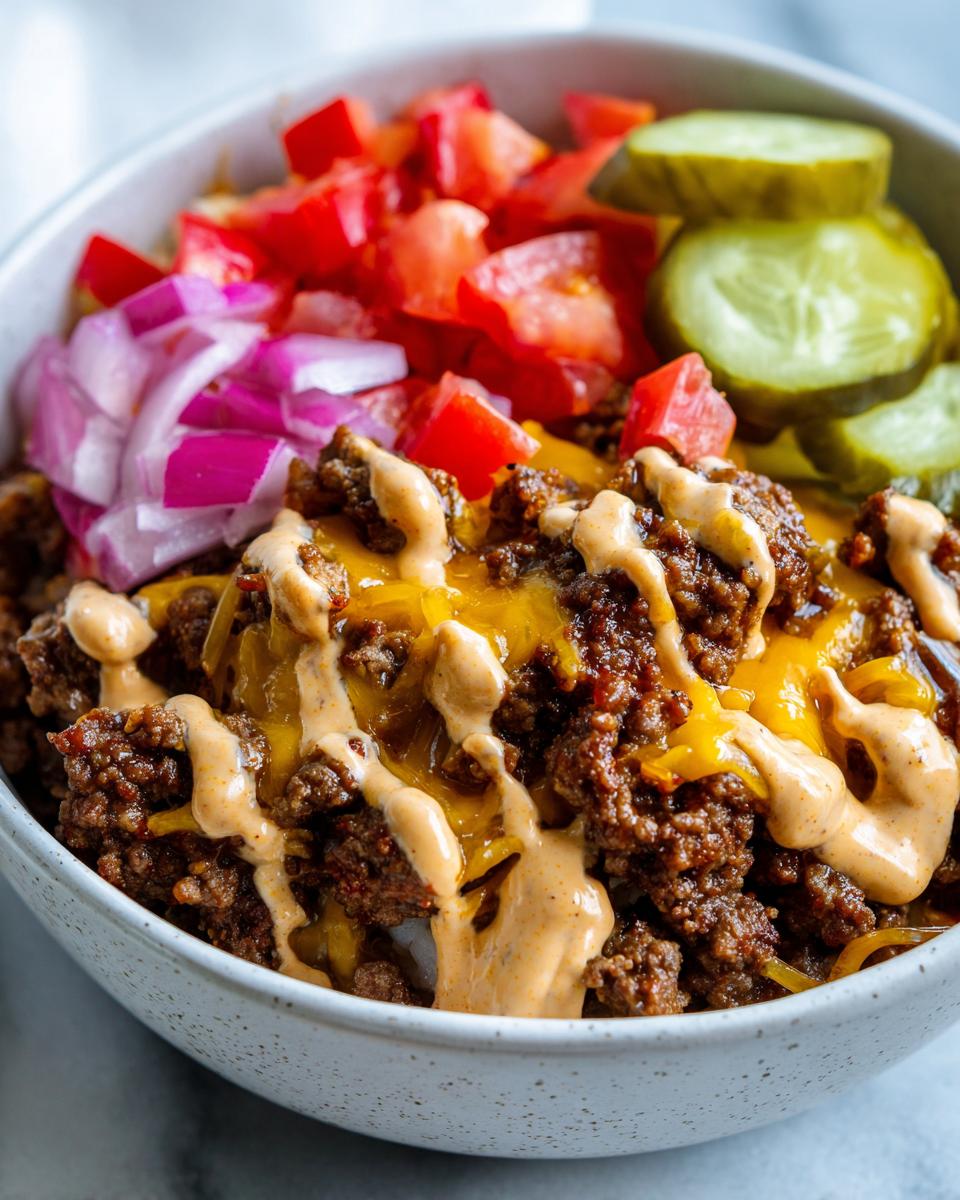 Close-up of a delicious cheeseburger bowl featuring seasoned ground beef, melted cheese, and a special sauce drizzle.