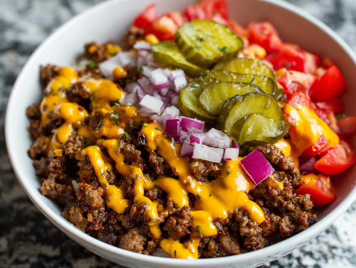 A close-up view of a hearty cheeseburger bowl featuring seasoned ground beef, melted cheese sauce, pickles, diced red onion, and tomatoes.