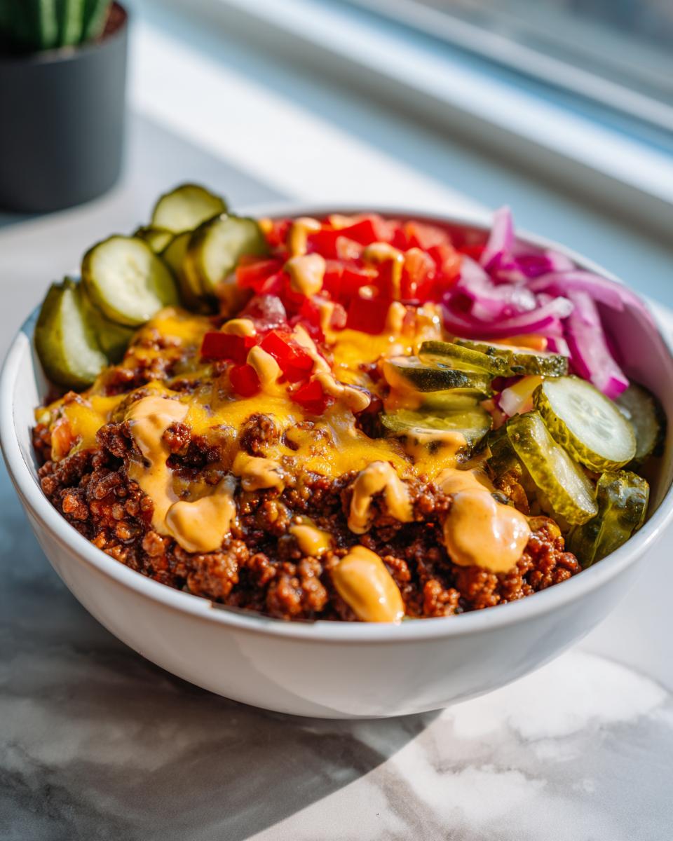 A close-up of a delicious cheeseburger bowl filled with seasoned ground beef, melted cheese, pickles, tomatoes, and onions.