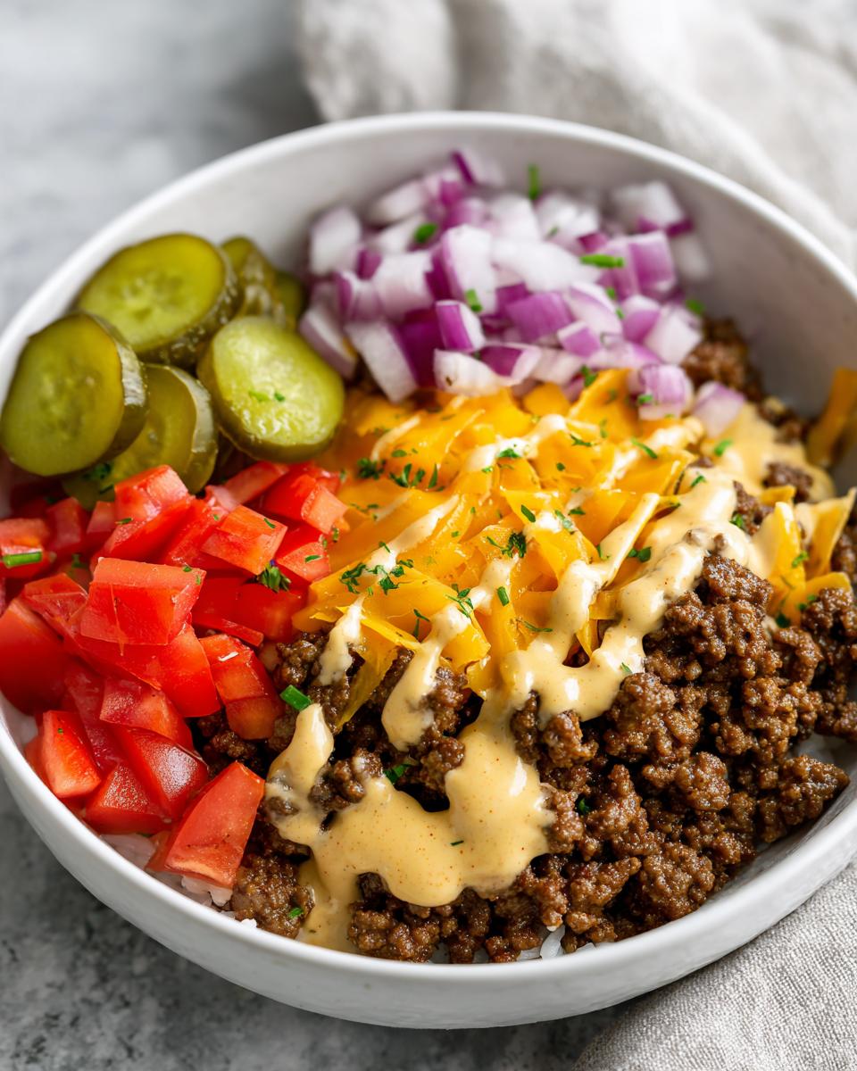 A close-up of a delicious cheeseburger bowl featuring seasoned ground beef, shredded cheese, special sauce, pickles, tomatoes, and onions.