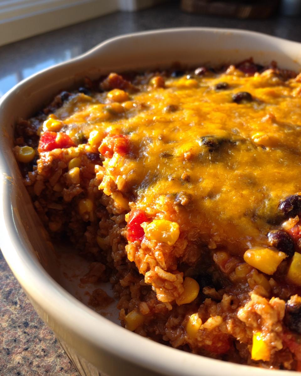 Close-up of a baked mexican rice casserole topped with melted cheddar cheese, corn, and beans in a light-colored dish.