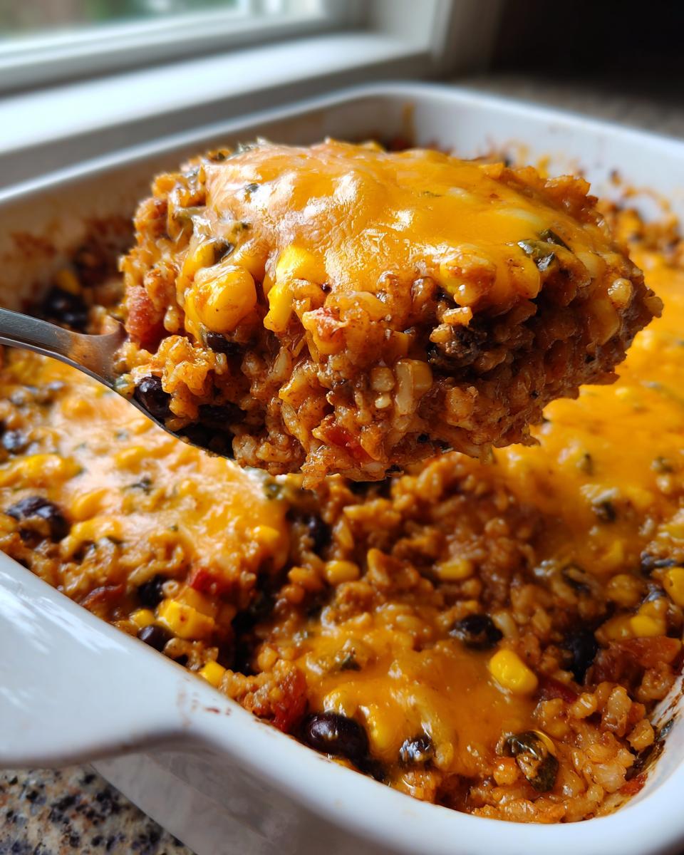 A spoonful of cheesy mexican rice casserole, rich with beans and corn, being lifted from a white baking dish.